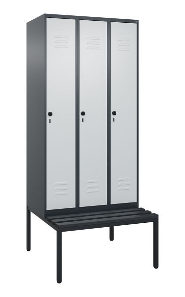 C+P Umkleidespind Classic PLUS mit Mitteltrennwand, Bank, 3 Abteile, 2120x900x815mm, 7016/7035, Drehriegel, 0800507-30F S10043