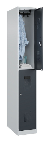 C+P Doppelstöckiger Spind Evolo PLUS, 2 Fächer, 1850x300x500mm, 7035/7016, Zylinderschloss, 049300-10 S10039