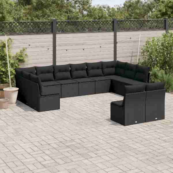 vidaXL 12-tlg. Garten-Sofagarnitur mit Kissen Schwarz Poly Rattan, UV-beständig, 3250204