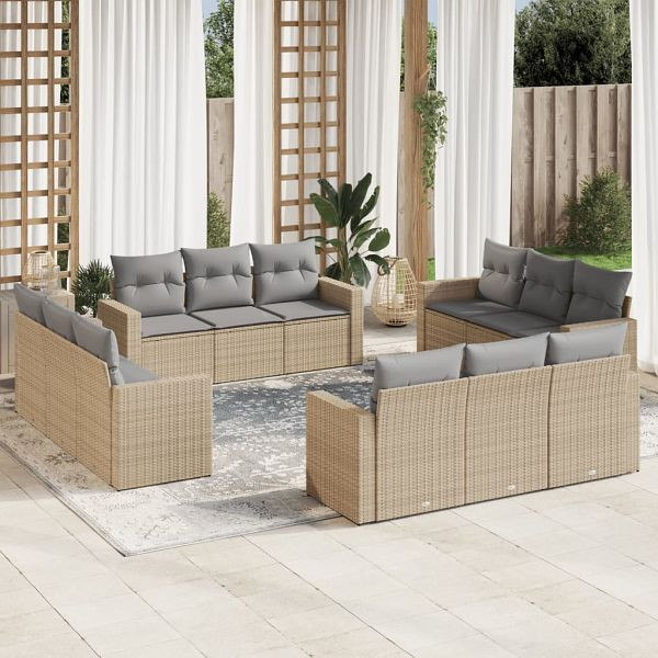 vidaXL 12-teilig Garten-Sofagarnitur mit Kissen Beige Poly Rattan, 3218759