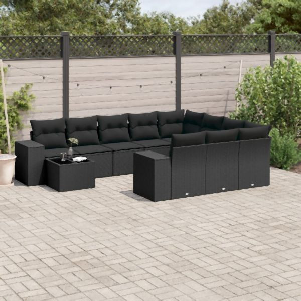 vidaXL 11-tlg. Garten-Sofagarnitur mit Kissen Schwarz Poly Rattan, 3223124