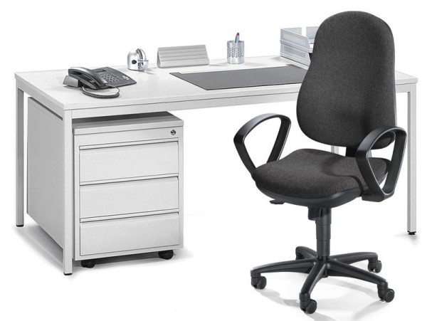 Deskin Schreibtisch BASE L mit Rollcontainer, 1 x Schreibtisch, B 1800 x T 800 x H 720 mm, Gestell: Lichtgrau RAL 7035, Dekor: Lichtgrau, 274097