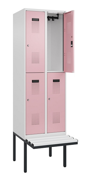 C+P Doppelstock-Spind Evolo PLUS, Bank, 4 Fächer, 2120x600x815mm, 9016/3015, Zylinderschloss, Sitzfläche Kunststoff, 0493407-20 S10126