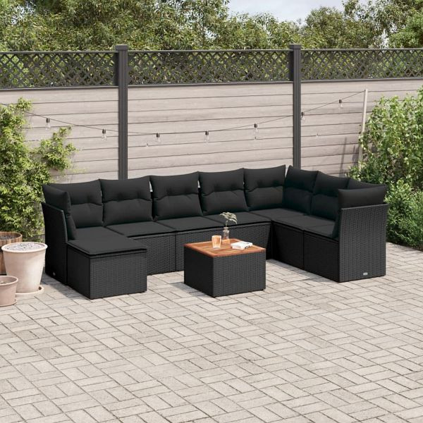 vidaXL 9-teilig Garten-Sofagarnitur mit Kissen Schwarz Poly Rattan, 3256111