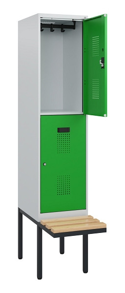 C+P Doppelstock-Spind Evolo PLUS, Bank, 2 Fächer, 1950x400x815mm, 7035/6037, Zylinderschloss, Sitzfläche Buche-Hartholz, 0493405-12 S10036