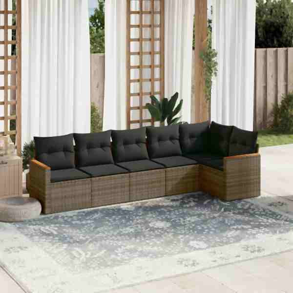 vidaXL 6-tlg. Garten-Sofagarnitur mit Kissen Grau Poly Rattan, UV-beständig, 3258392