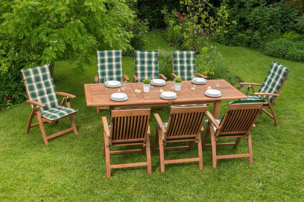 Merxx Comodoro Set 13-teilig, 6 Comodoro Klappsessel, 6 Wendekissen grün kariert/uni, 1 Doppelausziehtisch, 180 (220/260) x 100 cm, 50004-100
