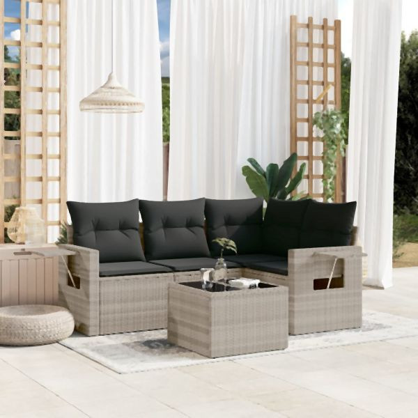 vidaXL 5-tlg. Garten-Sofagarnitur mit Kissen Hellgrau Poly Rattan, 3220121