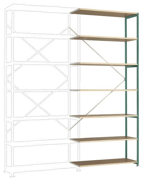 Manuflex Breitfach-Steckregal Anbauregal mit 7 Holzverbundböden, HxBxT = 3000 x 1250 x 400 mm, graugrün, RP1726.0001