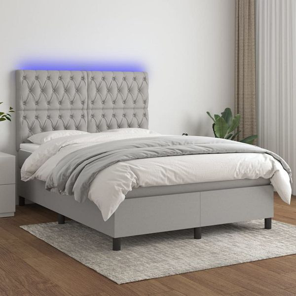 vidaXL Boxspringbett mit Matratze & LED Hellgrau 140x200 cm Stoff, 3135117