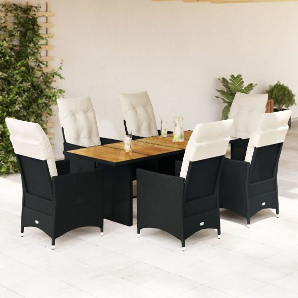 vidaXL 7-tlg. Garten-Essgruppe mit Kissen Schwarz Poly Rattan, 3276688