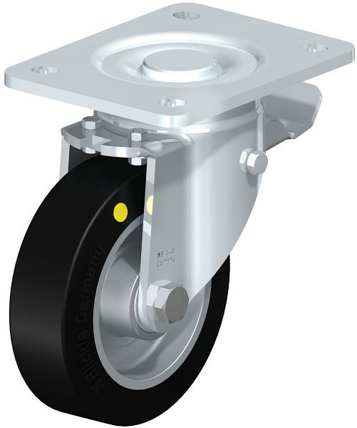 Blickle LH-ALEV 125K-3-ST-EL Stahlblech-Lenkrolle, Schwerlast-Ausführung, mit Anschraubplatte & Feststeller, Elastik-Vollgummi, Schwarz, 740074