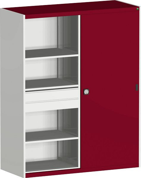 bott cubio Schiebetürenschrank bestückt Trennwand, 4 Schubladen, 7 Fachböden BxTxH: 1600 x 650 x 2000 mm, RAL 7035/3004, 40023015.24V
