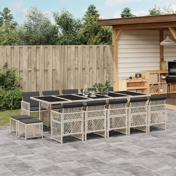 vidaXL 15-tlg. Garten-Essgruppe mit Kissen Hellgrau Poly Rattan, 3210815