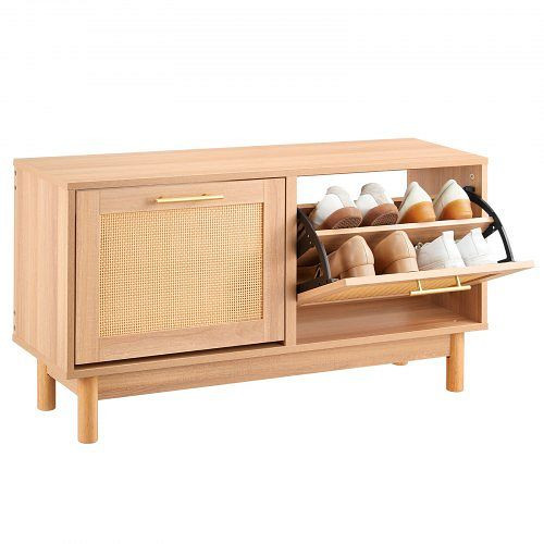 VEVOR Schuhregalbank (100 x 30 x 53 cm), Rattan-Optik, 2 Klappschubladen, 4 Fächer & 2 Rattantüren, bis 136 kg belastbar, XGXD394INCH2NWQW0001V0