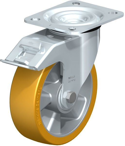 Blickle L-ALTH 125K-FI Stahlblech-Lenkrolle, mittelschwere Ausführung, mit Anschraubplatte & Feststeller, Blickle Extrathane®, Hellbraun, 419796