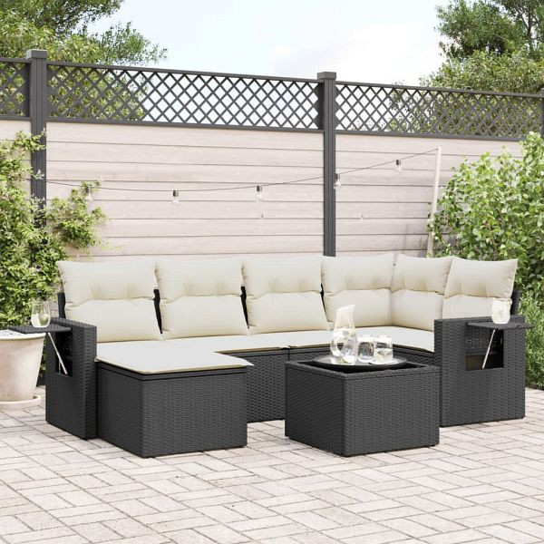 vidaXL 7-teilig Garten-Sofagarnitur mit Kissen Schwarz Poly Rattan, 3252803