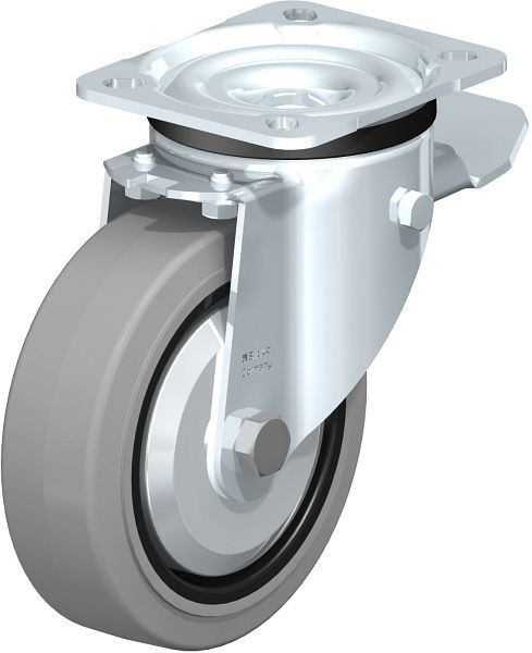 Blickle LK-POEV 125R-1-ST-SG-FA Stahlblech-Lenkrolle, schwere Ausführung, mit Anschraubplatte & Feststeller, Elastik-Vollgummi, Grau, 750353