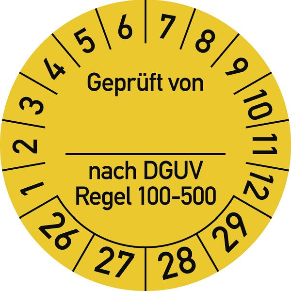Moedel Prüfplakette Geprüft...DGUV Regel 100-500, 2026-2029, Folie, Ø 25 mm, VE: 10 Stück/Bogen, 107194