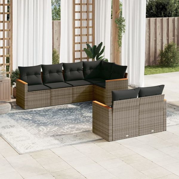 vidaXL 7-teilig Garten-Sofagarnitur mit Kissen Grau Poly Rattan, 3258546