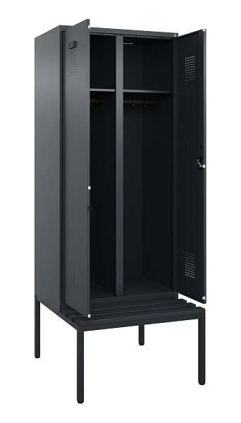 C+P Schwarz-Weiß-Spind Evolo PLUS, Bank, 2 Abteile, 2120x800x815mm, 7016/7016, Zylinderschloss, Sitzfläche Kunststoff, Sitzbank, 0490527-22 S10097