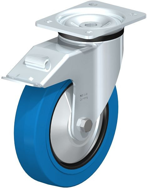 Blickle LK-POEV 200R-FI-SB-FA Stahlblech-Lenkrolle, schwere Ausführung, mit Anschraubplatte & Feststeller, Elastik-Vollgummi, Blau, 750396