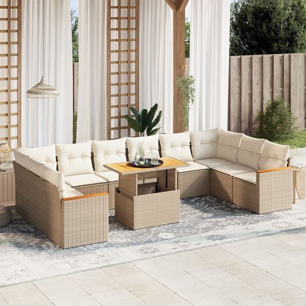 vidaXL 11-teilig Garten-Sofagarnitur mit Kissen Beige Poly Rattan, 3273249