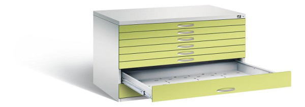 C+P Flachablageschrank Serie 7100_7200, H760xB1350xT960mm, Farbe: Lichtgrau / Viridingrün, Bügelgriff, 7201-200 S10275