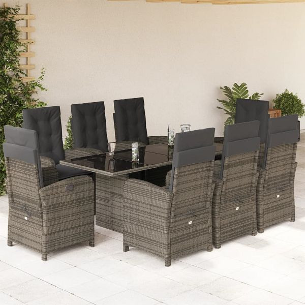 vidaXL 9-tlg. Garten-Essgruppe mit Kissen Grau Poly Rattan, 3212258