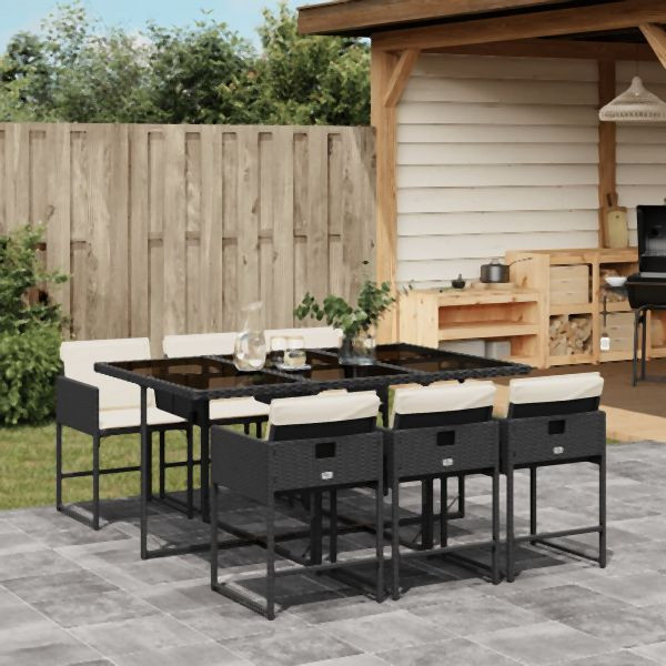vidaXL 7-tlg. Garten-Essgruppe mit Kissen Schwarz Poly Rattan, 3211266