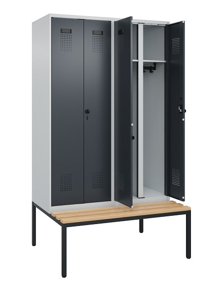 C+P Schwarz-Weiß-Spind Evolo PLUS, Bank, 4 Abteile, 2120x1200x815mm, 7035/7016, Drehriegel, Sitzfläche Buche-Hartholz, Sitzbank, 0490527-40 S10012