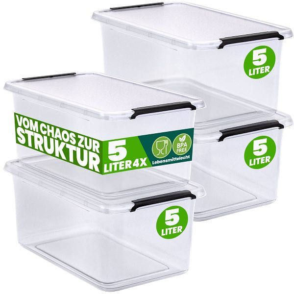DEUBA Aufbewahrungsbox, VE: 4er-Set 30x20x12cm 5L transparent stapelbar, 996816