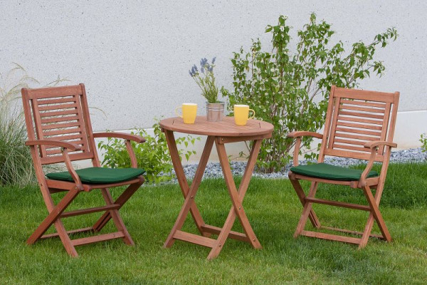 Merxx Cordoba Set 3-teilig, 2 Cordoba Klappsessel, 2 Sitzauflagen, grün, 1 Klapptisch, Ø 65 cm, FSC Eukalyptusholz, 50548-101