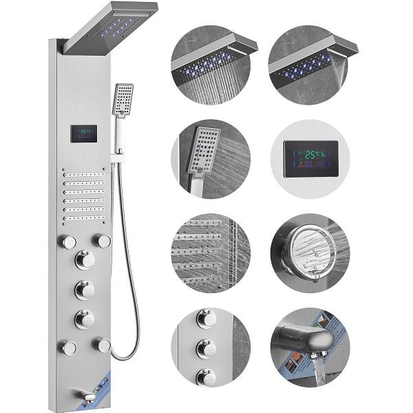 VEVOR Duschpaneelsystem, 6 Modi, LED- und Bildschirm-Wasserkraft, Regenfall, 5 Massagedüsen, Wannenauslauf, Handbrause, wandmontiert, FTYS6CS2MSDPTMPHLV9