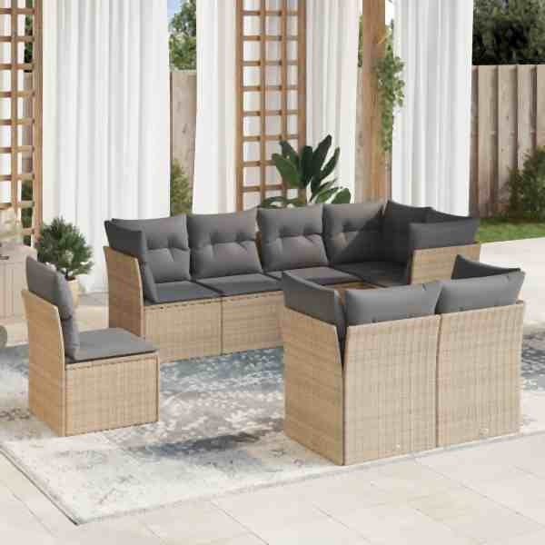 vidaXL 8-tlg. Garten-Sofagarnitur mit Kissen Beige Poly Rattan, UV-beständig, 3249768