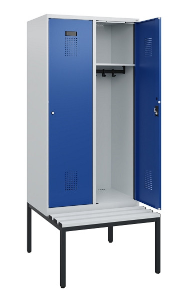 C+P Spind Evolo PLUS, 2 Abteile, 1950x800x815mm, 7035/5010, Zylinderschloss, Material Sitzfläche Kunststoff, Sitzbank, 0490505-22 S10087