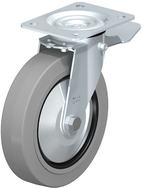 Blickle LE-POEV 200R-ST-SG-FA Stahlblech-Lenkrolle mit Anschraubplatte & Feststeller, Elastik-Vollgummi, Grau, 749659