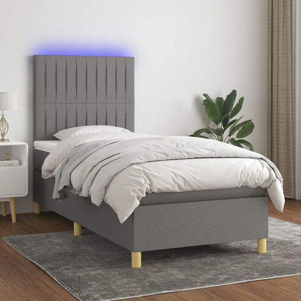 vidaXL Boxspringbett mit Matratze & LED Dunkelgrau 90x200 cm Stoff, 3135566