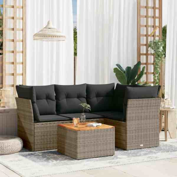 vidaXL 5-tlg. Garten-Sofagarnitur mit Kissen Grau Poly Rattan, UV-beständig, 3223624