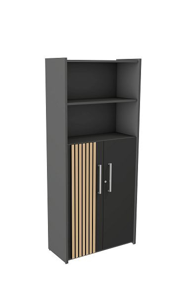 Kerkmann Oxford Einzelregal breit mit Flügeltüren, B800 x T380 x H 1830 mm, Regal 5 Ordnerhöhen, in 3 OH, Anthrazit/Eiche hell, 13000235