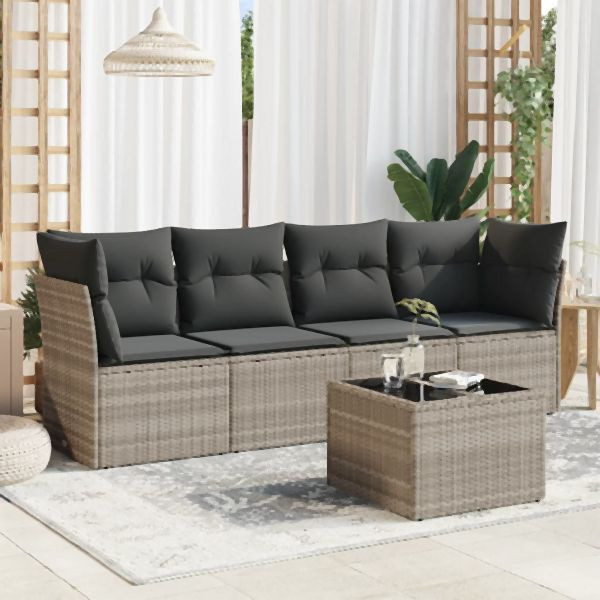 vidaXL 5-tlg. Garten-Sofagarnitur mit Kissen Hellgrau Poly Rattan, 3249081