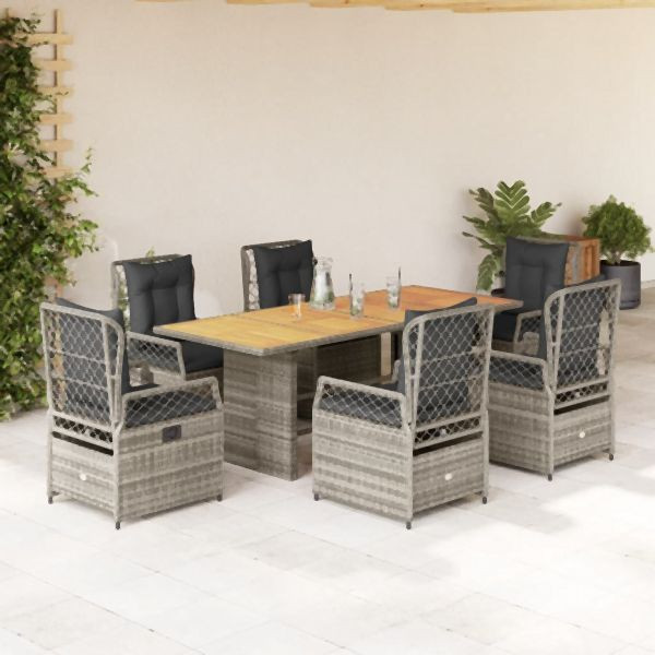 vidaXL 7-tlg. Garten-Essgruppe mit Kissen Grau Poly Rattan, 3262930