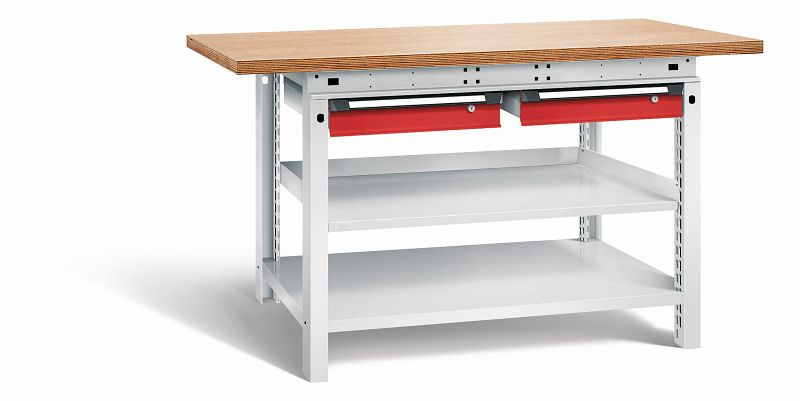 Otto Kind Werkbank Serie function Typ 209, Multiplexplatte 40 mm, überstehend, 2 Schubladen 120 mm, Gehäuse RAL 7035, Front RAL 3000, 072339234