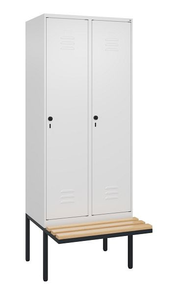 C+P Umkleidespind Classic PLUS, 2 Abteile, 2120x800x815mm, 9016/9016, Drehriegel, Buche-Sitzleisten, je 2 Doppel-Haken, 0800407-22F S10014