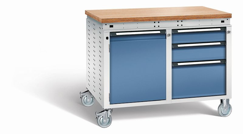 Otto Kind Werkbank Serie function Typ 252 fahrbar, Multiplexplatte 40 mm, bündig, 2x Unterbau, Gehäuse RAL 7035, Front RAL 5023, 072383164
