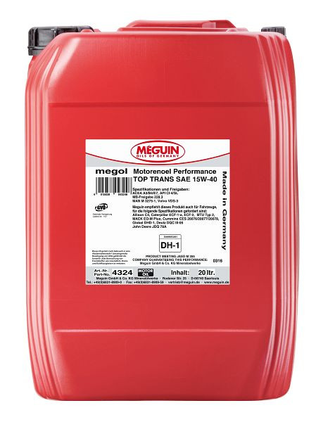 Meguin megol Motorenöl Performance Top Trans SAE 15W-40, Kanister Kunststoff, VE: 20 Liter, 4324