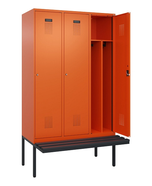 C+P Spind Evolo PLUS, 3 Abteile, 2120x1200x815mm, 2004/2004, Haken 4, Zylinderschloss, Sitzfläche Kunststoff, Trennwand, 0490407-32F S10103