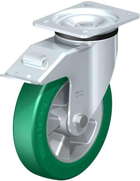 Blickle LK-ALST 200K-FI Stahlblech-Lenkrolle, schwere Ausführung, mit Anschraubplatte & Feststeller, Blickle Softhane®, Grün, 613901