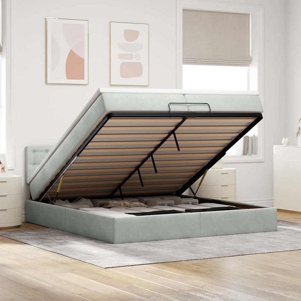 vidaXL Ottoman-Bett mit Matratzen & LEDs Hellgrau 200x200 cm Samt, 3312788