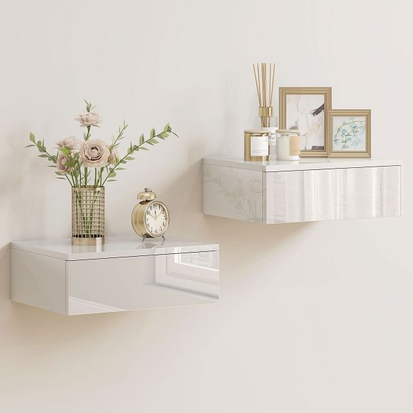 HOMCOM 2er-Set Nachttische, wandmontiertes Design, Schublade, für Schlafzimmer, Spanplatte, Weiß, 83D-120V90WT